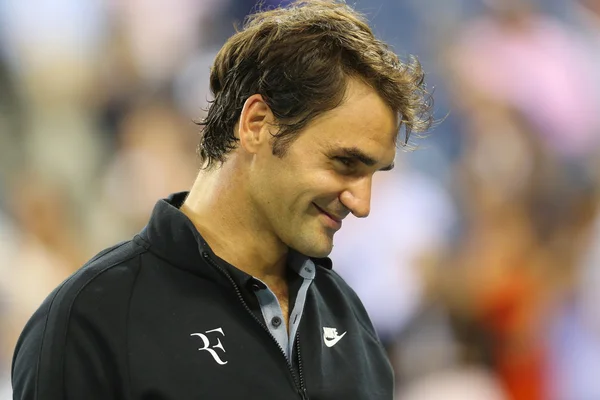 Семнадцать раз чемпион большого шлема Роджер Федерер после четвертьфинальный матч у нас открыто 2014 против Гаэль Монфис — стоковое фото