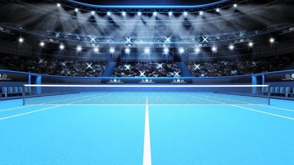 Синий видом на теннис корт и стадион полный зрителей с точечными светильниками — стоковое фото