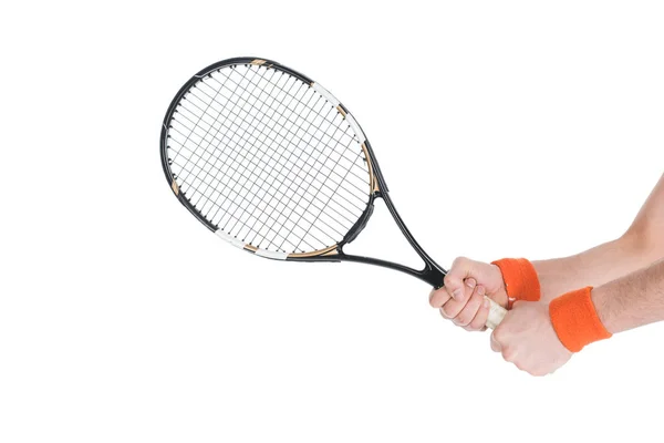 Обрезанное Изображение Игрок Теннис Ракетки Изолированные Белом — стоковое фото