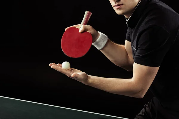 Обрезанный Снимок Теннисистка Теннисный Мяч Ракетка Руки Сложенные — стоковое фото