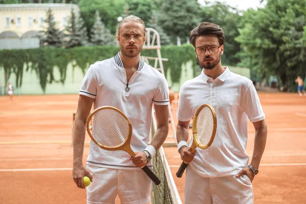 Serious Tennis Players Wooden Rackets Ball Posing Game Court — стоковое фото