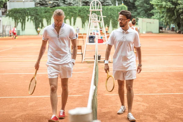 Tennis Players Wooden Rackets Walking Net Court — стоковое фото