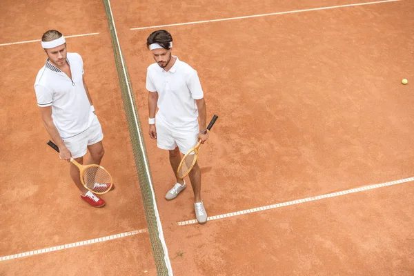 Tennis Players White Sportswear Wooden Rackets Court — стоковое фото
