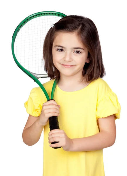 Брюнетка маленькая девочка с теннисной ракеткой — стоковое фото